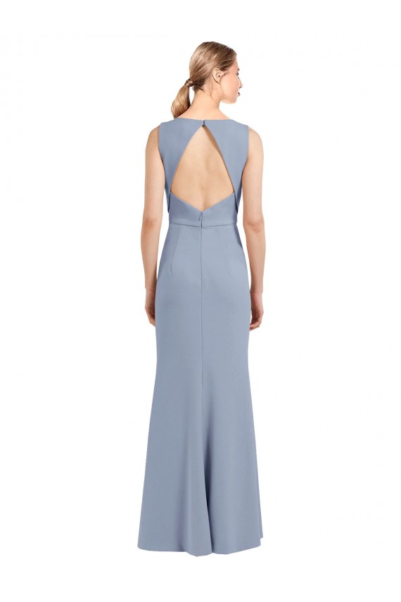Magasins de Bleu fumée Fourreau Col Bateau Col Haut Crêpe Stretch Longue Robes demoiselle d'honneur