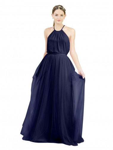 Magasins de Bleu marine 21 Trapèze Licou Col Haut Tulle Longue Robes demoiselle d'honneur