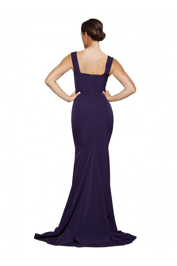 Magasins de Bleu marine foncé Fourreau Col Carré Balayage train Crêpe Stretch Longue Robes demoiselle d'honneur / Robes de bal