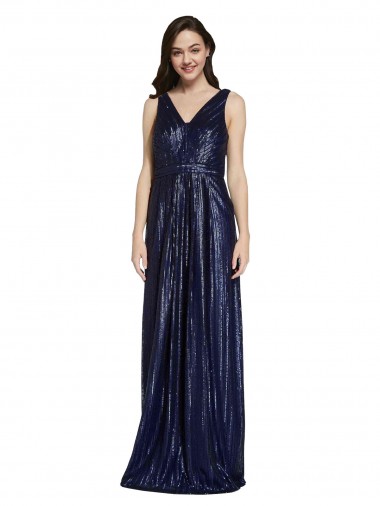Magasins de Bleu marine foncé Fourreau Col V Paillette Longue Formelles Robes demoiselle d'honneur / Robes de soirée / Robes de bal