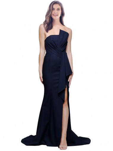 Magasins de Bleu marine foncé Fourreau Sans bretelle Balayage train Crêpe Stretch Longue Robes demoiselle d'honneur / Robes de bal