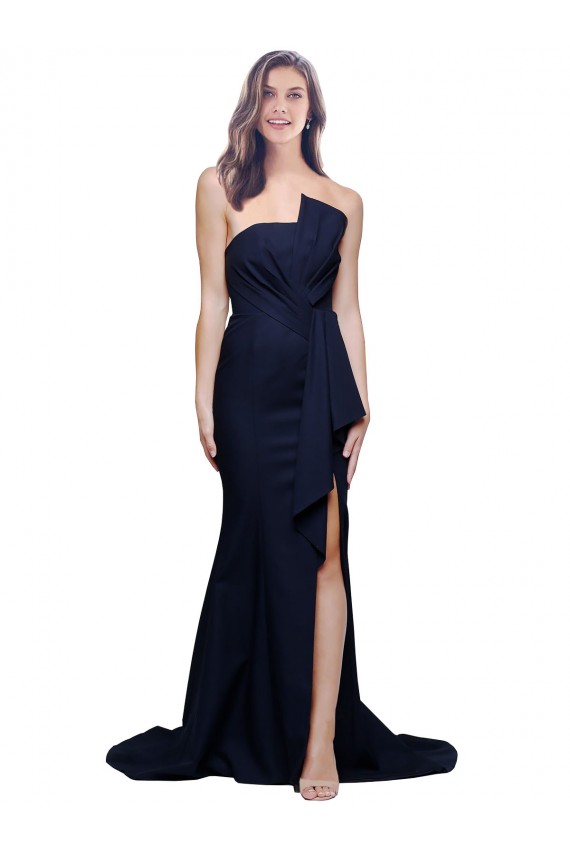 Magasins de Bleu marine foncé Fourreau Sans bretelle Balayage train Crêpe Stretch Longue Robes demoiselle d'honneur / Robes de bal