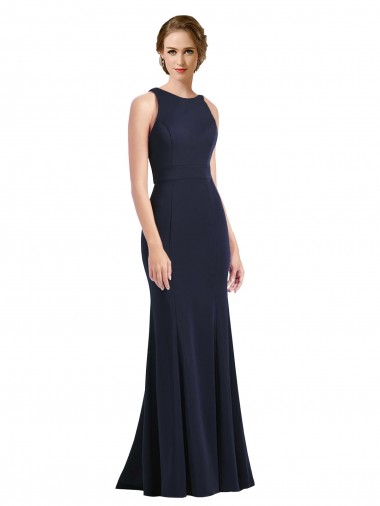 Magasins de Bleu marine foncé Fourreau Scoop Col Haut Crêpe Stretch Longue Robes demoiselle d'honneur / Robes de bal