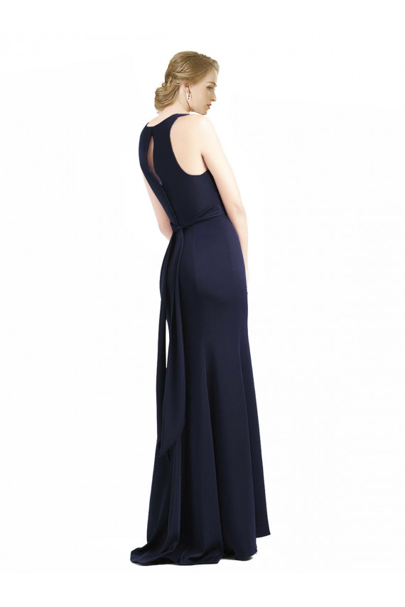 Magasins de Bleu marine foncé Fourreau Scoop Col Haut Crêpe Stretch Longue Robes demoiselle d'honneur / Robes de bal