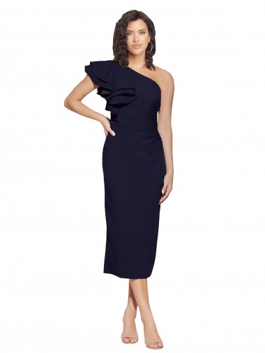 Magasins de Bleu marine foncé Fourreau midi Crêpe Stretch Courte Robes demoiselle d'honneur / Robes de soirée / Robes de cocktail
