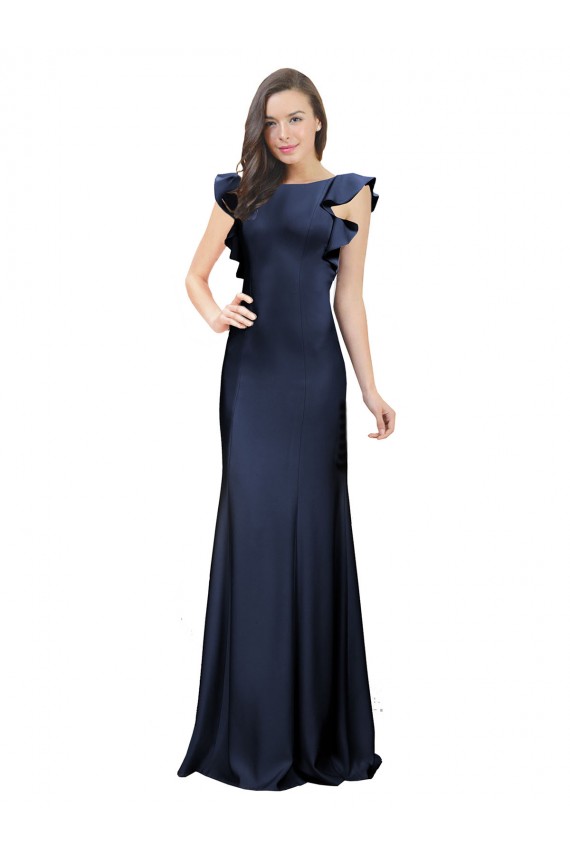 Magasins de Bleu marine foncé Sirène Bateau Crêpe Stretch Longue Robes demoiselle d'honneur / Robes de bal