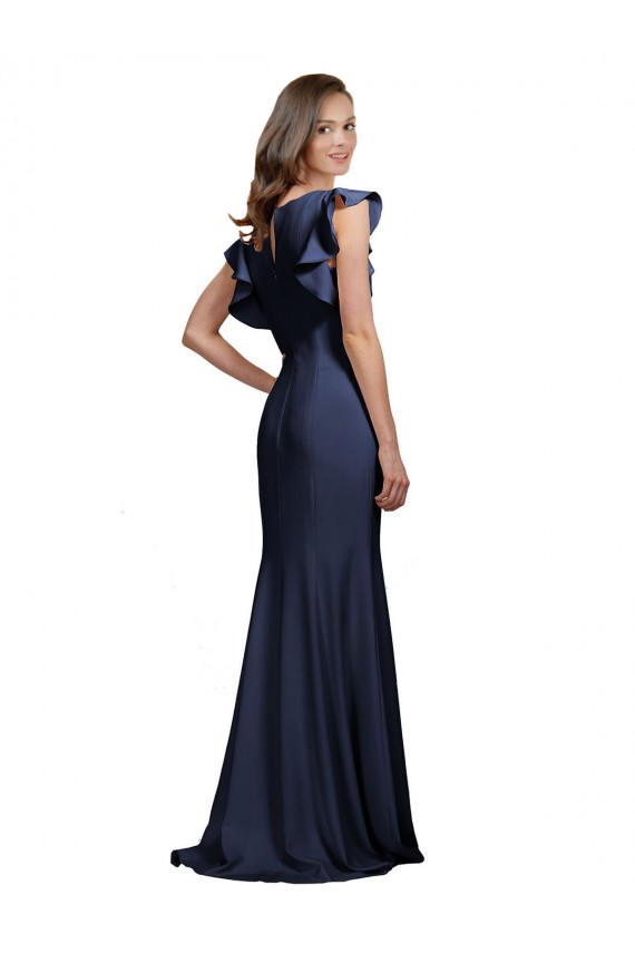 Magasins de Bleu marine foncé Sirène Bateau Crêpe Stretch Longue Robes demoiselle d'honneur / Robes de bal