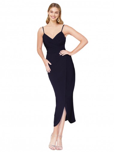 Magasins de Bleu marine foncé Sirène Bretelles spaghetti Crêpe Stretch Courte Asymétrique Robes demoiselle d'honneur / Robes de soirée / Robes de cocktail
