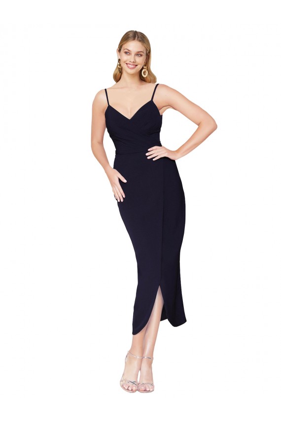 Magasins de Bleu marine foncé Sirène Bretelles spaghetti Crêpe Stretch Courte Asymétrique Robes demoiselle d'honneur / Robes de soirée / Robes de cocktail