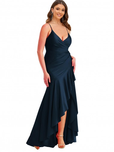 Magasins de Bleu marine foncé Sirène Bretelles spaghetti Satiné Soyeux Longue Asymétrique Formelles Robes demoiselle d'honneur / Robes de soirée / Robes de bal
