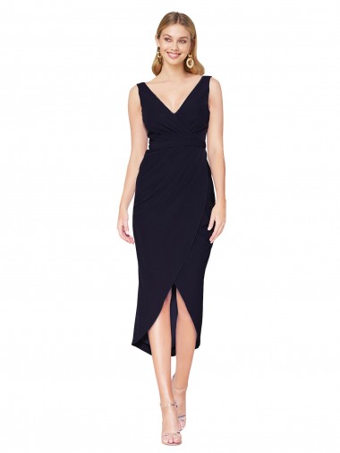 Magasins de Bleu marine foncé Sirène Col V Crêpe Stretch Courte Asymétrique Robes demoiselle d'honneur / Robes de soirée / Robes de cocktail
