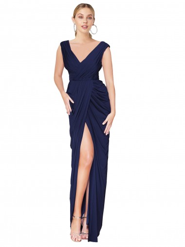 Magasins de Bleu marine foncé Sirène Col V Mousseline Longue Formelles Robes demoiselle d'honneur / Robes de soirée / Robes de bal
