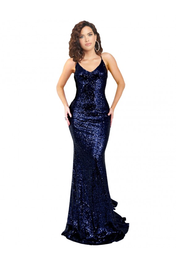 Magasins de Bleu marine foncé Sirène Col V Paillette Longue Formelles Robes demoiselle d'honneur / Robes de soirée / Robes de bal