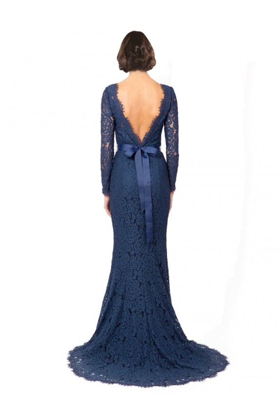 Magasins de Bleu marine foncé Sirène Col bijou Balayage train Dentelle Longue Robes demoiselle d'honneur