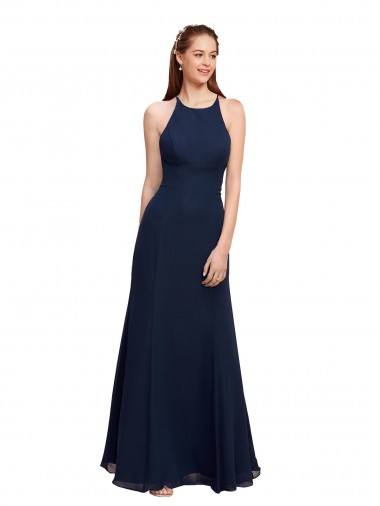 Magasins de Bleu marine foncé Sirène Licou Col Haut Mousseline Longue Robes demoiselle d'honneur / Robes de bal