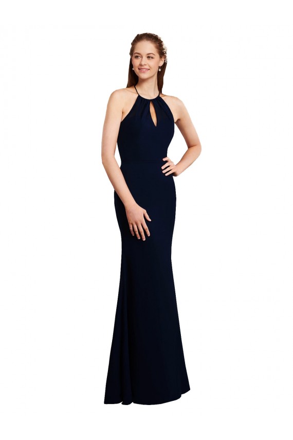 Magasins de Bleu marine foncé Sirène Licou Mousseline Longue Robes demoiselle d'honneur