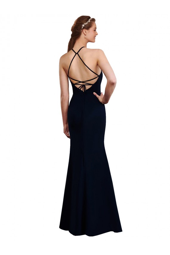 Magasins de Bleu marine foncé Sirène Licou Mousseline Longue Robes demoiselle d'honneur