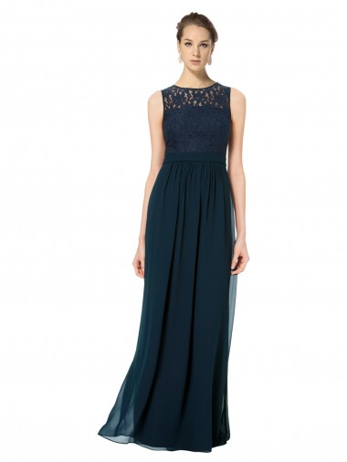 Magasins de Bleu marine foncé Trapèze Bateau Illusion Mousseline Dentelle Longue Robes demoiselle d'honneur
