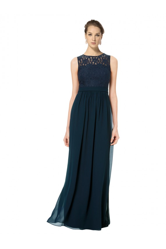Magasins de Bleu marine foncé Trapèze Bateau Illusion Mousseline Dentelle Longue Robes demoiselle d'honneur