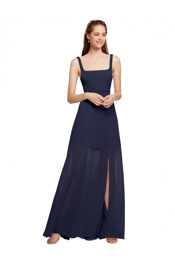 Magasins de Bleu marine foncé Trapèze Bretelles spaghetti Col Carré Mousseline Longue Robes demoiselle d'honneur