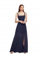 Magasins de Bleu marine foncé Trapèze Bretelles spaghetti Col Carré Mousseline Longue Robes demoiselle d'honneur
