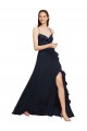 Magasins de Bleu marine foncé Trapèze Bretelles spaghetti Col V Mousseline Longue Robes demoiselle d'honneur
