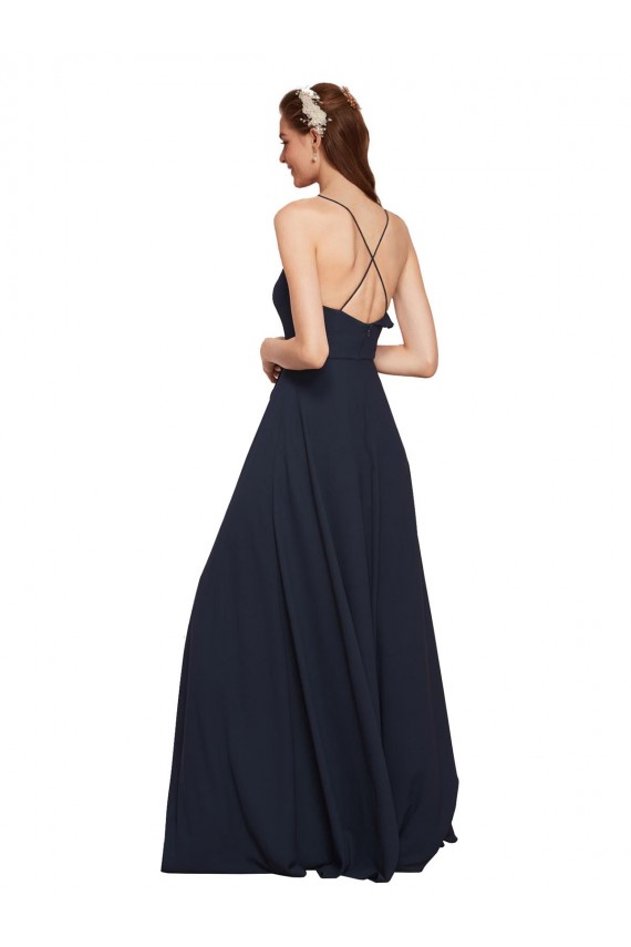 Magasins de Bleu marine foncé Trapèze Bretelles spaghetti Col V Mousseline Longue Robes demoiselle d'honneur