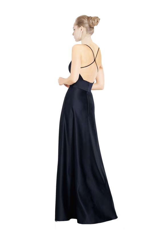 Magasins de Bleu marine foncé Trapèze Bretelles spaghetti Col V Satiné Longue Robes demoiselle d'honneur / Robes de bal