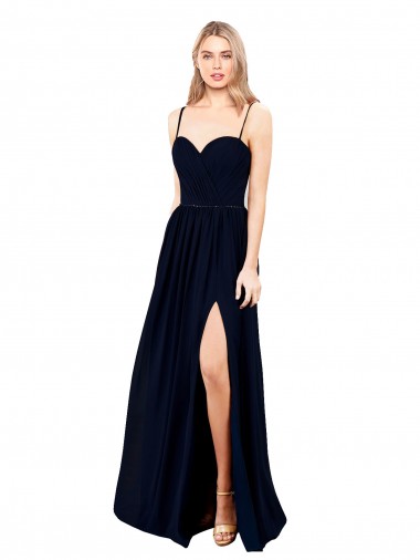 Magasins de Bleu marine foncé Trapèze Bretelles spaghetti Mousseline Longue Formelles Robes demoiselle d'honneur / Robes de soirée