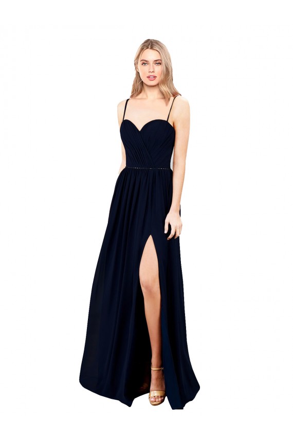 Magasins de Bleu marine foncé Trapèze Bretelles spaghetti Mousseline Longue Formelles Robes demoiselle d'honneur / Robes de soirée