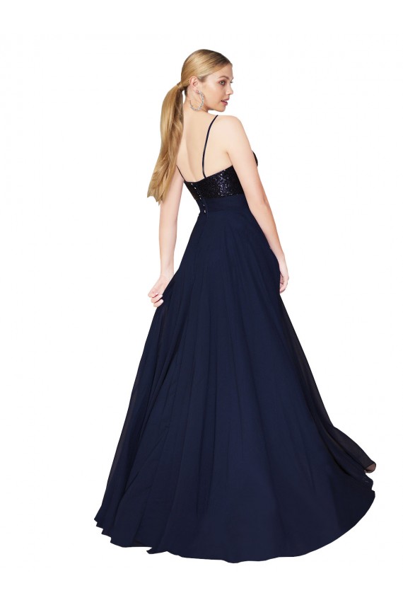 Magasins de Bleu marine foncé Trapèze Bretelles spaghetti Mousseline Paillette Longue Robes demoiselle d'honneur / Robes de bal
