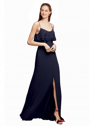 Magasins de Bleu marine foncé Trapèze Bretelles spaghetti Scoop Mousseline Longue Robes demoiselle d'honneur