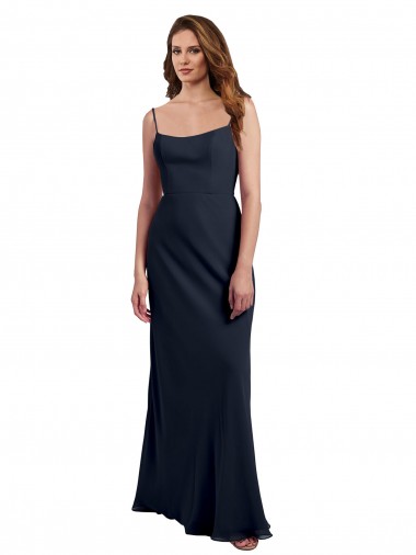 Magasins de Bleu marine foncé Trapèze Bretelles spaghetti Scoop Mousseline Longue Robes demoiselle d'honneur