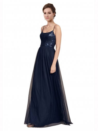 Magasins de Bleu marine foncé Trapèze Bretelles spaghetti Tulle Dentelle Longue Robes demoiselle d'honneur