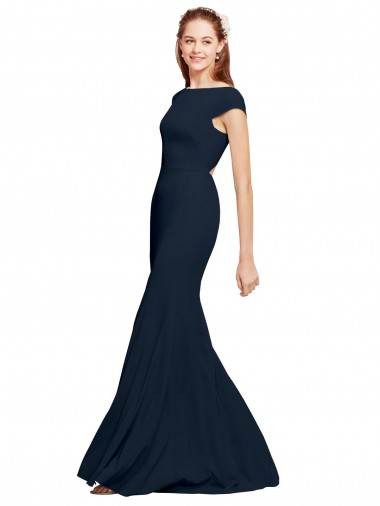 Magasins de Bleu marine foncé Trapèze Col Bateau Crêpe Stretch Longue Formelles Robes demoiselle d'honneur / Robes de soirée / Robes de bal
