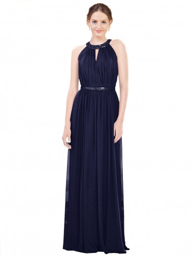 Magasins de Bleu marine foncé Trapèze Col Haut Mousseline Longue Robes demoiselle d'honneur