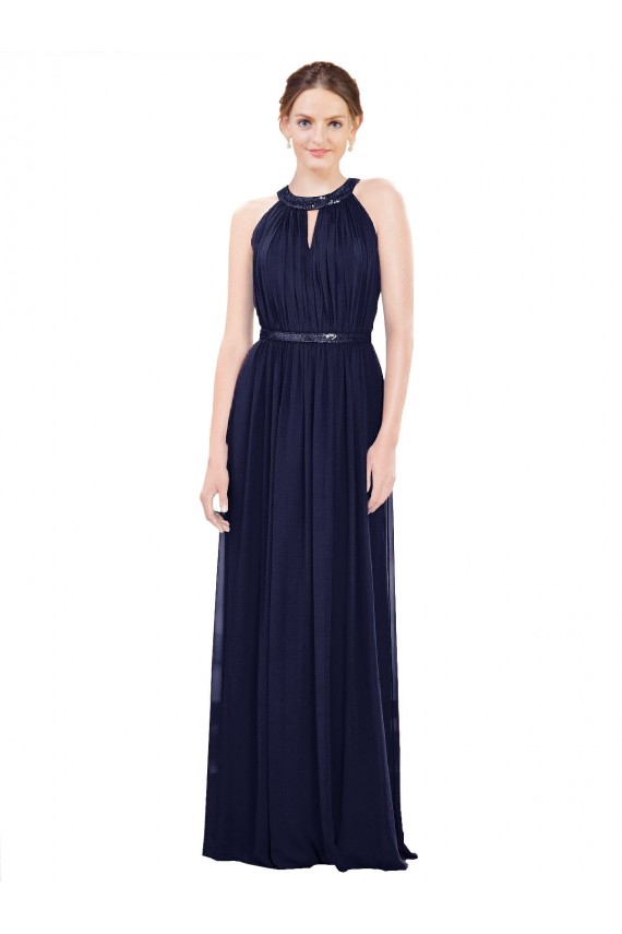 Magasins de Bleu marine foncé Trapèze Col Haut Mousseline Longue Robes demoiselle d'honneur