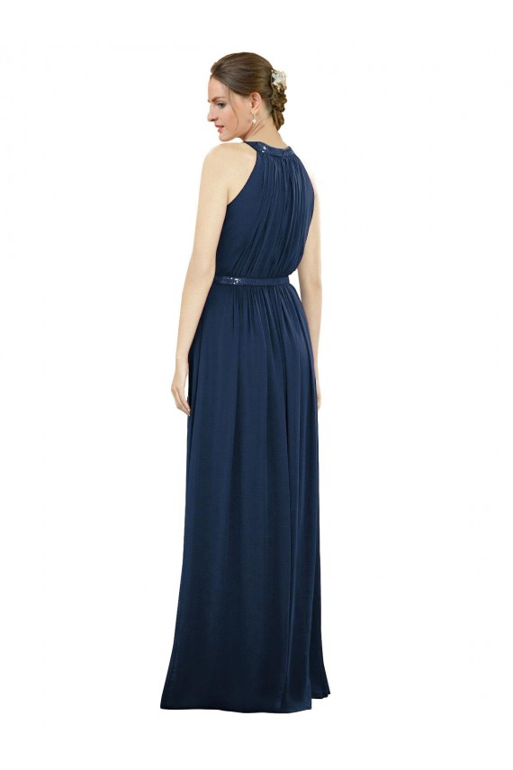 Magasins de Bleu marine foncé Trapèze Col Haut Mousseline Longue Robes demoiselle d'honneur