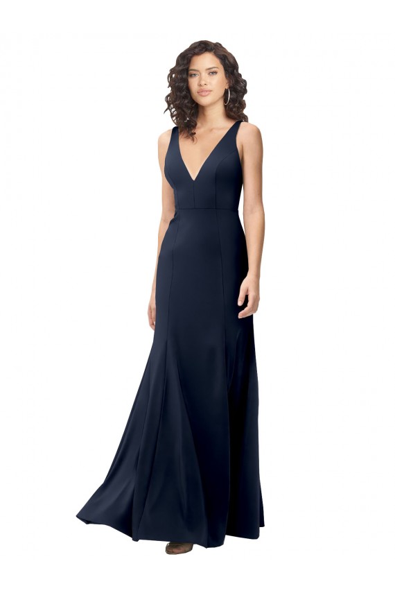 Magasins de Bleu marine foncé Trapèze Col V Crêpe Stretch Longue Formelles Robes demoiselle d'honneur / Robes de soirée / Robes de bal