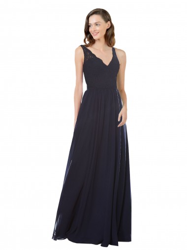 Magasins de Bleu marine foncé Trapèze Col V Mousseline Dentelle Longue Robes demoiselle d'honneur