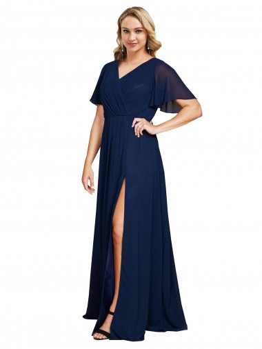Magasins de Bleu marine foncé Trapèze Col V Mousseline Longue Formelles Robes demoiselle d'honneur / Robes de soirée / Robes de bal