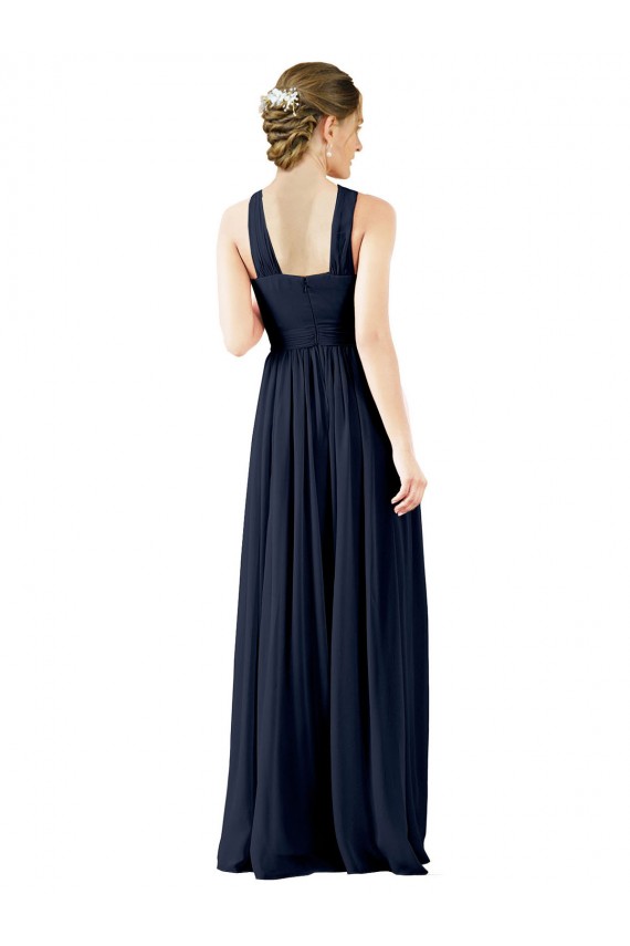 Magasins de Bleu marine foncé Trapèze Col V Mousseline Longue Robes demoiselle d'honneur