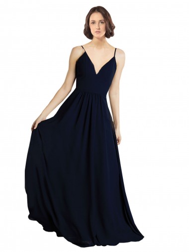 Magasins de Bleu marine foncé Trapèze Col V Mousseline Longue Robes demoiselle d'honneur