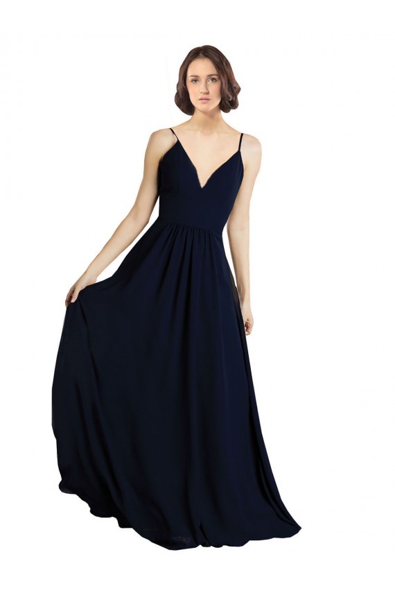 Magasins de Bleu marine foncé Trapèze Col V Mousseline Longue Robes demoiselle d'honneur
