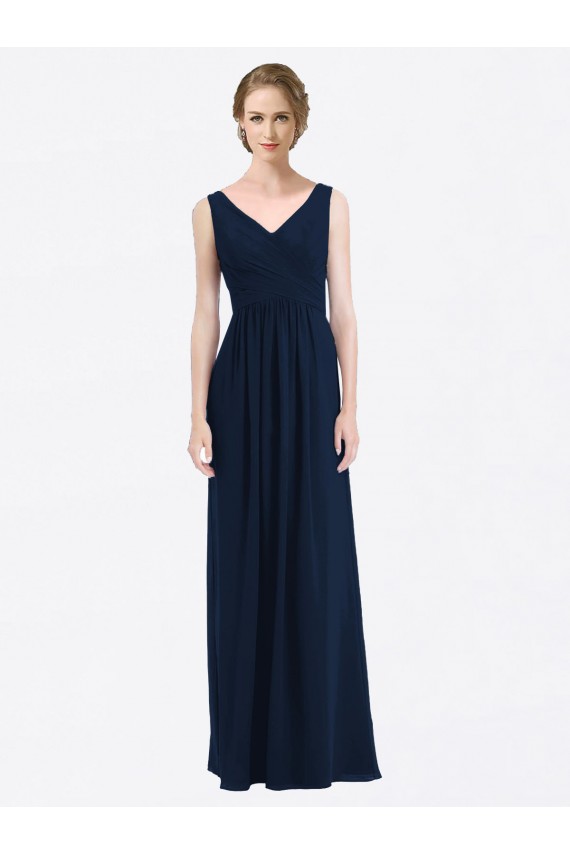 Magasins de Bleu marine foncé Trapèze Col V Mousseline Longue Robes demoiselle d'honneur