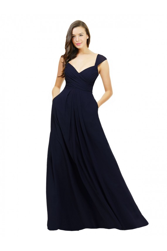 Magasins de Bleu marine foncé Trapèze Col V Mousseline Longue Robes demoiselle d'honneur