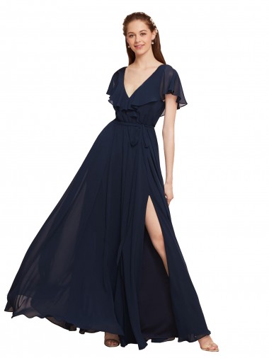 Magasins de Bleu marine foncé Trapèze Col V Mousseline Longue Robes demoiselle d'honneur