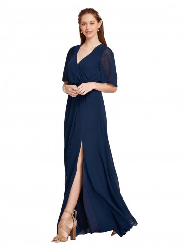 Magasins de Bleu marine foncé Trapèze Col V Mousseline Longue Robes demoiselle d'honneur