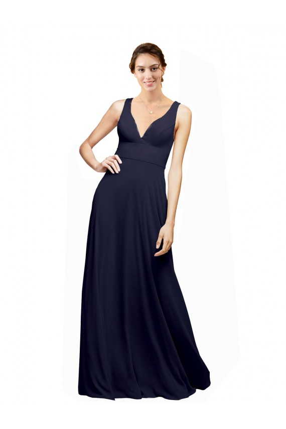Magasins de Bleu marine foncé Trapèze Col V Mousseline Longue Robes demoiselle d'honneur