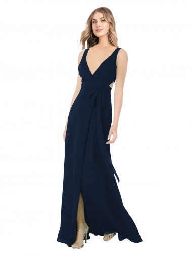 Magasins de Bleu marine foncé Trapèze Col V Mousseline Longue Robes demoiselle d'honneur